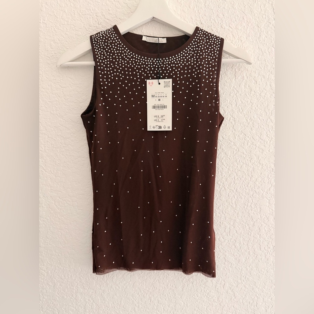 ZARA Sparkly Appliqué Sleeveless Blouse | Elegant Round Neck Party Top